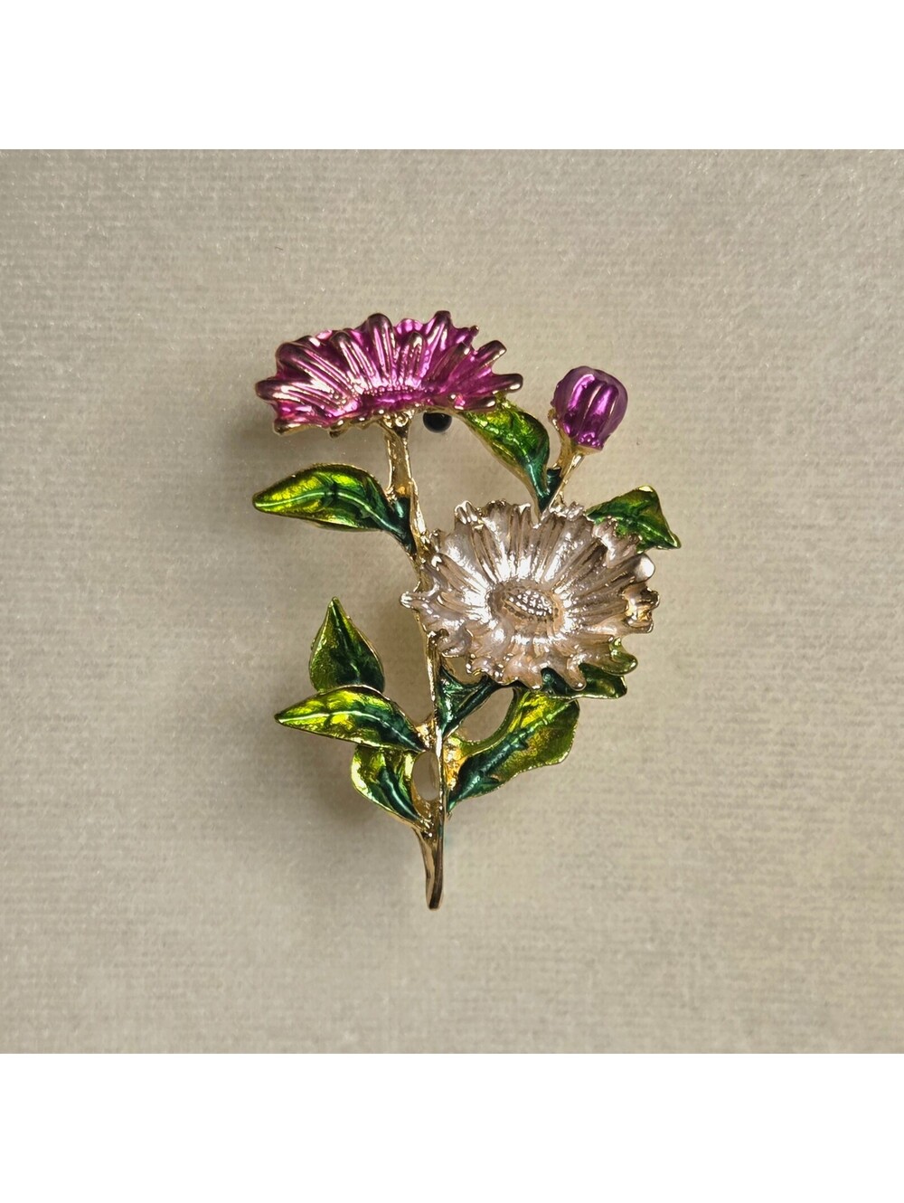 Pink & Green Enamel Style Gold Tone Floral Brooch Cottage Coquette Easter Spring